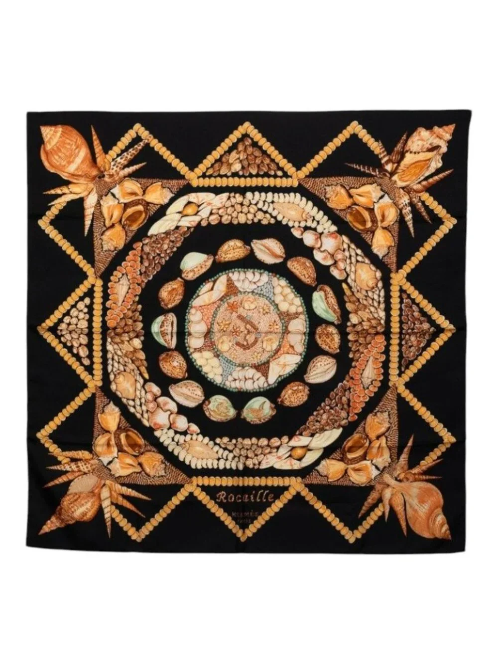 Hermes Carre 90 Rocaille Seashell Scarf Large Black Multicolor Silk